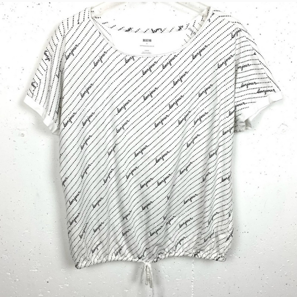 Anthropologie Maeve Women's Bonjour Graphic Tee Drawstring Waist White Large